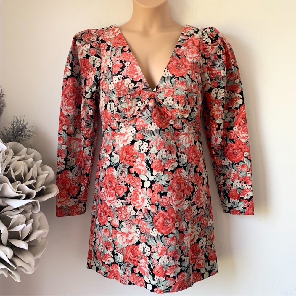 FREE PEOPLE Kapowski Floral Corduroy Boho Puff Sleeve Indie Sleaze Mini Dress 8